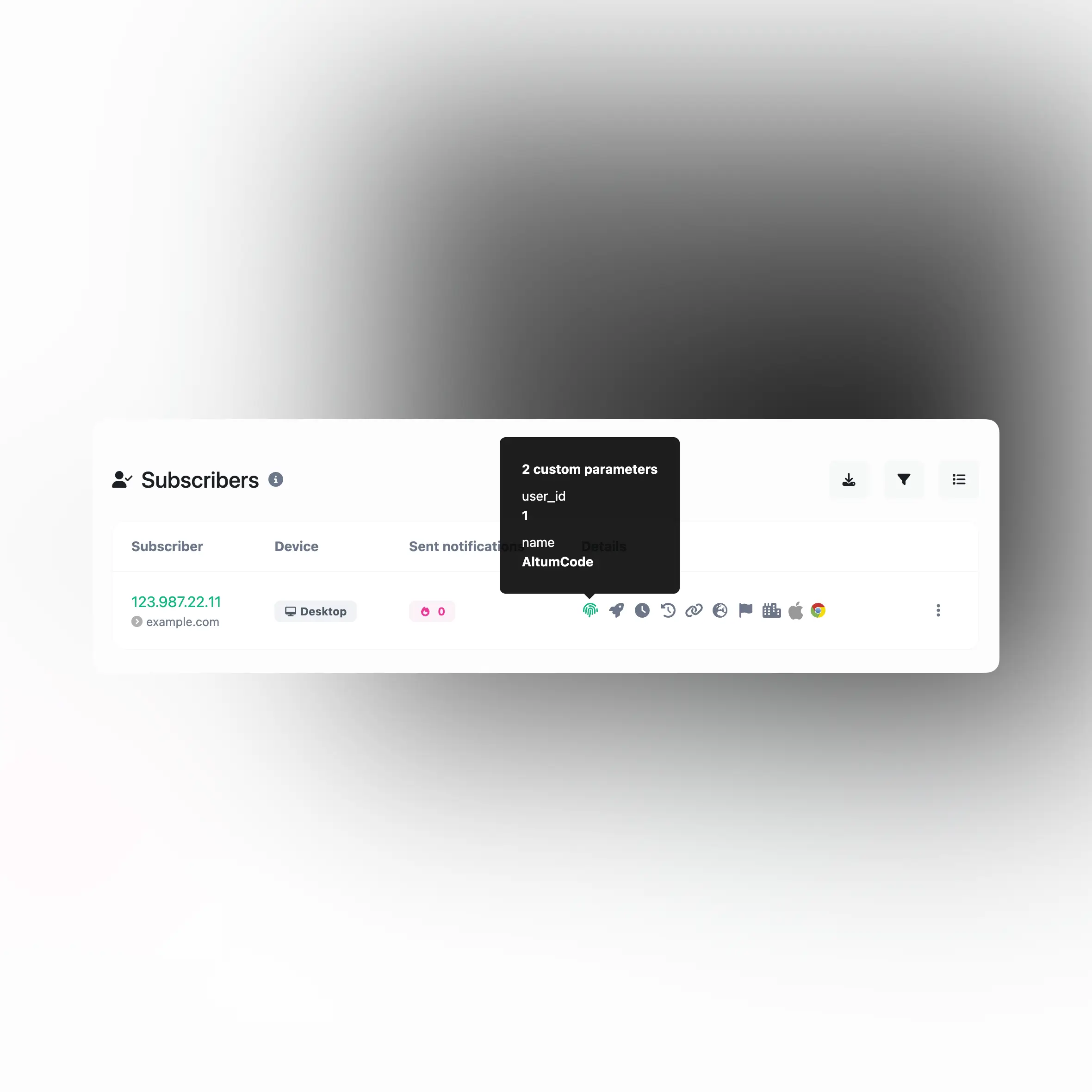 Captura de tela do recurso de rastreamento de parâmetro personalizado de assinantes do aplicativo