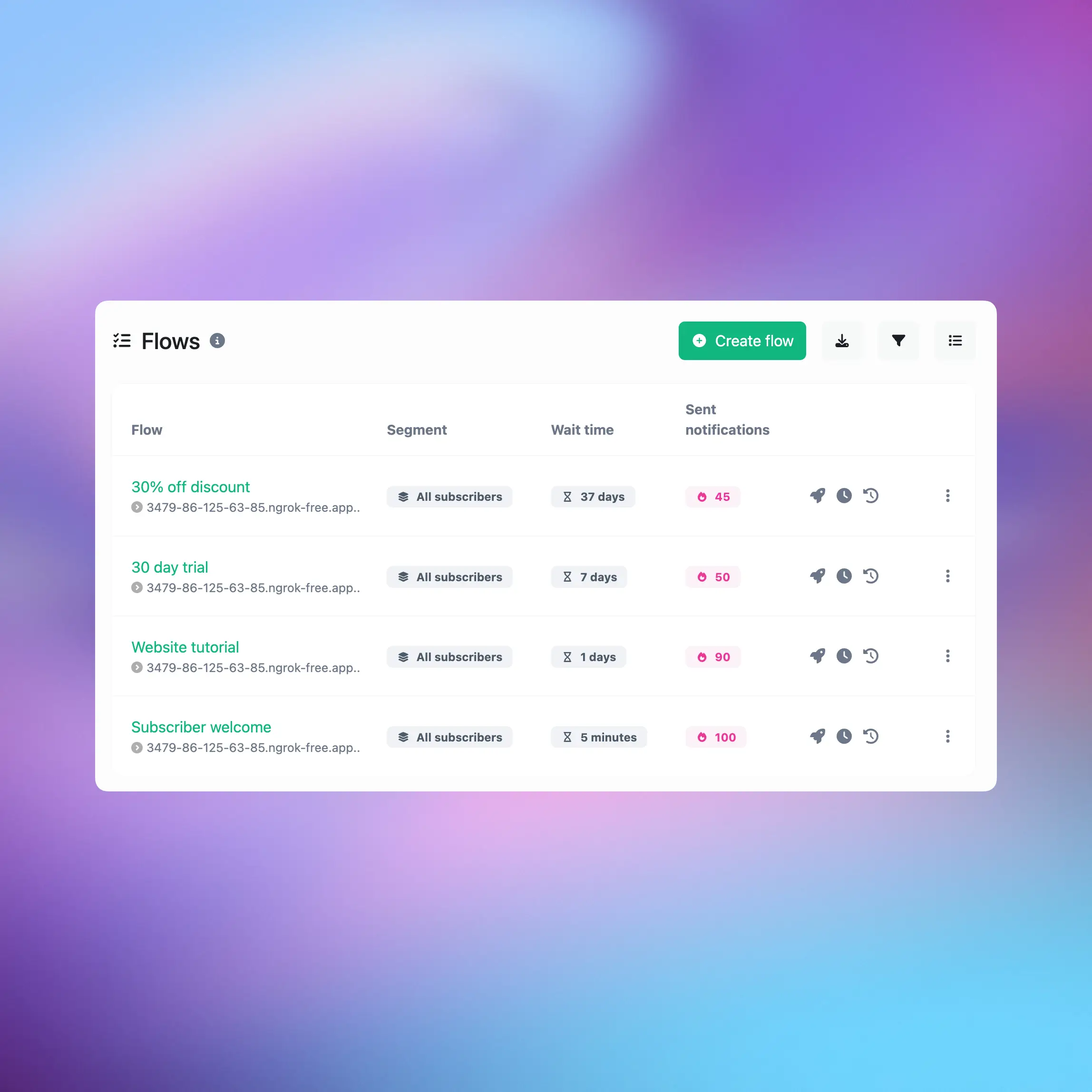 Captura de tela da página de gerenciamento de fluxos do aplicativo