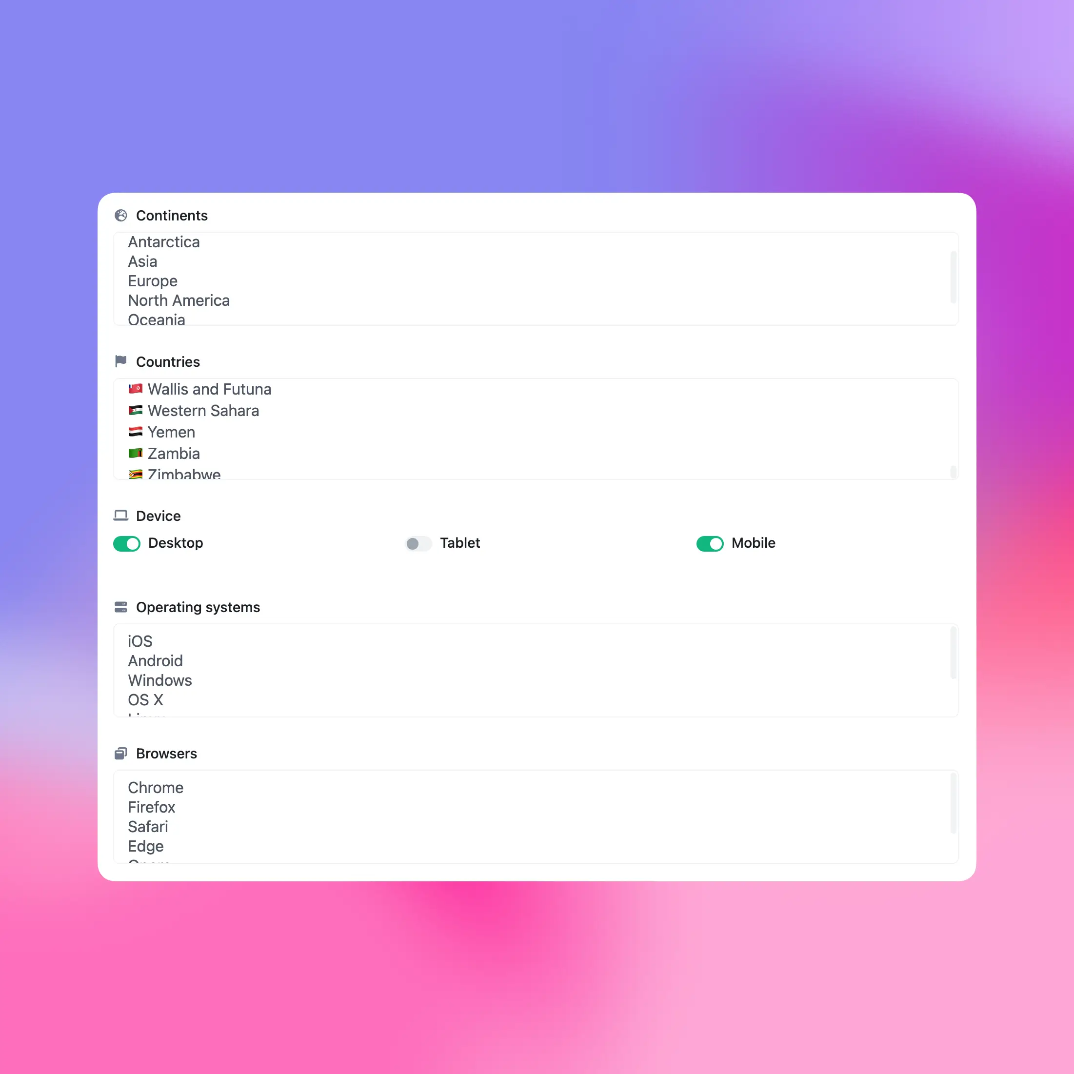 Captura de tela da página de gerenciamento e edição de segmentos do aplicativo
